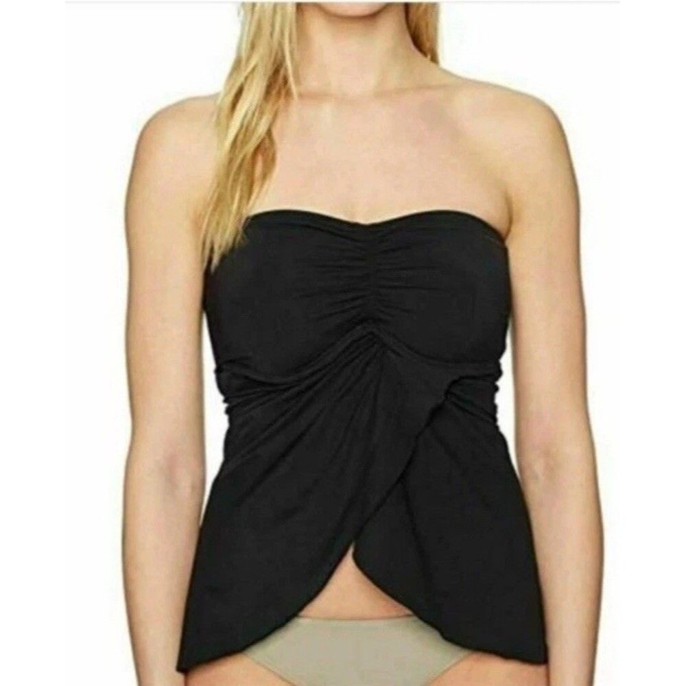 Vince Camuto Bandeau Tankini TOP Black Drape Sz MED Removable Strap NEW